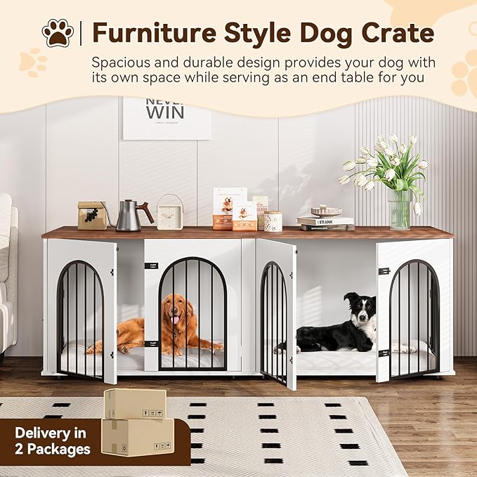 71" Large Dog Crate Furniture for 2 Dogs, Wooden Double Dog Crate, Indoor Dog Kennel TV Stand with Divider and Cushion for Large Medium Dogs, White/Brown