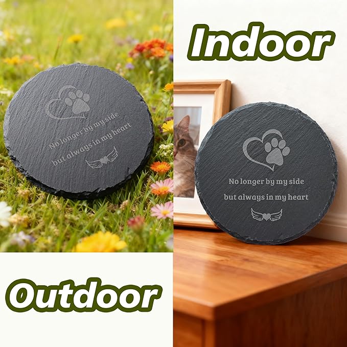 Dog Cat Memorial Stone Round 4” with Paw Print, “No Longer By My Side But Always in My Heart” Engraved Pet Grave Marker, Outdoor Garden Memorial Rock, Pet Loss Sympathy Gift