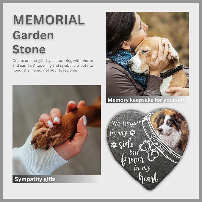 Wrappiness Pet Memorial Stone - Forever in My Heart, Personalized Dog Memorial Gifts, Remembrance Condolences Bereavement Gifts for Loss of Pet Custom Photo (Heart 05, Stone with Stand)