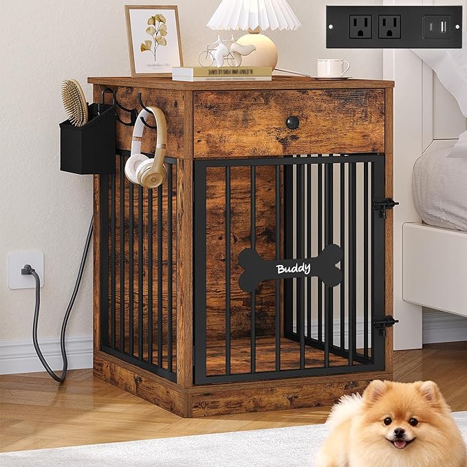 24.6'' Dog Crate Furniture with Charging Station, Dog Kennel Indoor with Flip-Top Storage, Wooden Pet Cage Dog House End Side Table for Small Dog Anti-Chew Anti-Escape, Rustic Brown DFC90101B