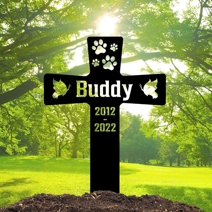 Custom Pet Paws Dog Memorial Cross Grave Marker, Personalized Pet Metal Memorial Stake for Cemetery Yard, Sympathy Grave Marker for Dog with Paws, Memorial Plaque Cemetery Garden Stake