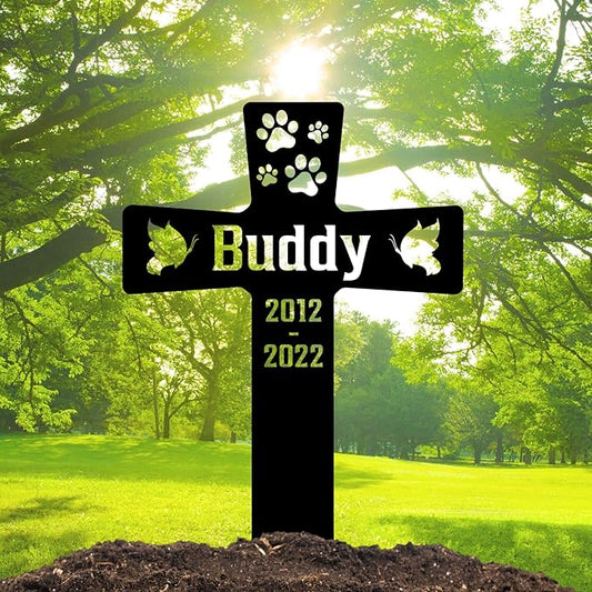 Custom Pet Paws Dog Memorial Cross Grave Marker, Personalized Pet Metal Memorial Stake for Cemetery Yard, Sympathy Grave Marker for Dog with Paws, Memorial Plaque Cemetery Garden Stake