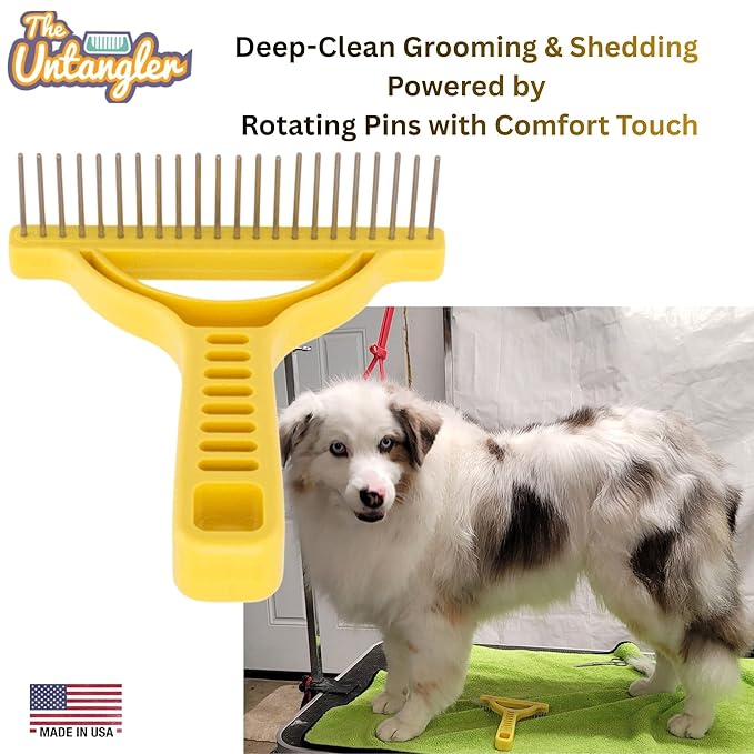 The Untangler Rakes for Grooming and Shedding -silky smooth rotating teeth to easily collect loose hair (Yellow, Extra-Long)