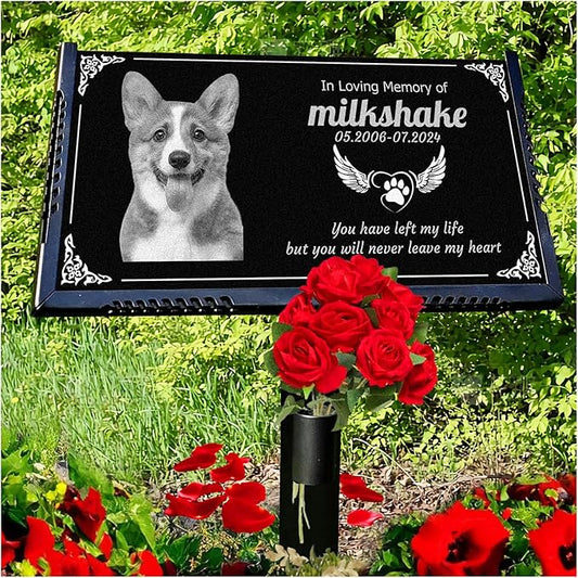 Generic Personalized Pet Memorial Stones,Dog Headstones, Cat Tombstone Outdoor, Black Granite Memorial Garden Stone Engraved with Photo, Pet Headstone Sympathy Gifts (for Pets) (dog)