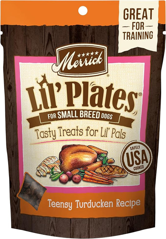 Merrick Lil’ Plates Grain Free Small Dog Treats, Natural Training Treats For Small Dogs, Teensy Turducken - 5 oz. Pouch