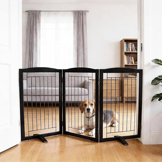 Dog Fence Indoor,Dog Gate Indoor for Doorway pet gate -3-Panel Freestanding, Hallways, House or Stairs -60x32-Inch Retractable Foldable Expandable Wood Pet by SFJC (Black) ﻿