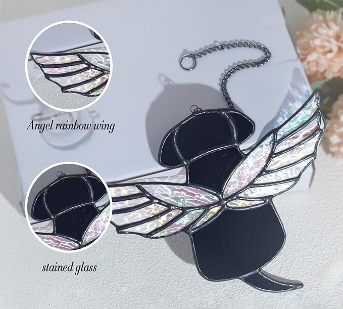 Stained Glass Rainbow Wing Angel Dog Memorial Gift for Loss of Dog Bereavement (Black)