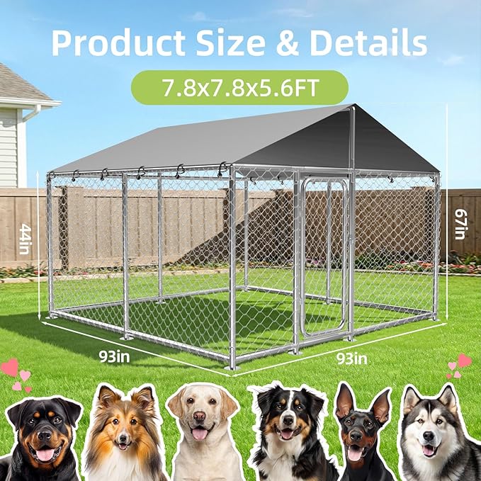 7.8x7.8 ft Outdoor Dog Kennel Outside with Waterproof UV-Resistant Cover, Heavy Duty Dog Enclosure House with Steel Fence and Secure Lock for Dogs