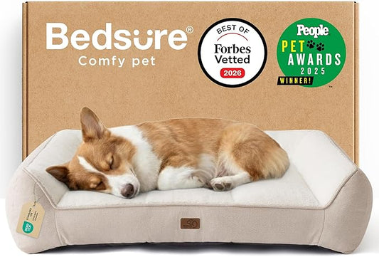 Bedsure SupportMax™ Orthopedic Dog Bed Medium Size Dog - As Seen on TV Extra Thick Supportive Medium Dogs Beds with Waterproof Washable Cover, Comfort Pet Bed Sofa with Soft Sherpa, Beige, 35"