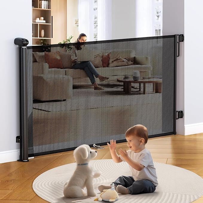 Uamector Retractable Baby & Dog Gate, Adjustable Mesh Safety Gate Extends to 72" Wide 34" Tall for Stairs Doorways, Indoor Outdoor Use