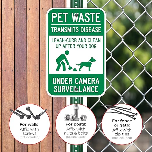 Pet Waste Leash-Curb and Clean Up After Your Dog Under Camera Surveillance Sign, (SI-63188) 12x18 Inches, Rust Free .063 Aluminum, Fade Resistant, Made in USA