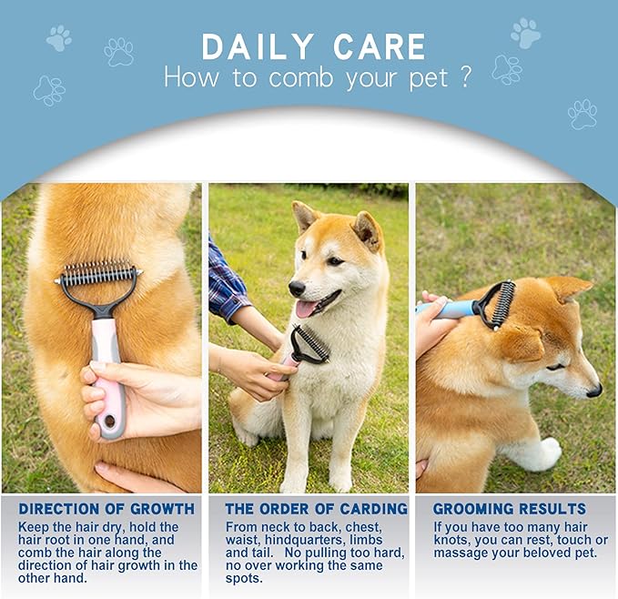 GOESWELL Pet Deshedding Brush - Undercoat Rake for Dogs & Cats - Double Sided Brush for Shedding and Dematting Comb for Dogs Grooming Tool kit - (Blue(Rake +Comb))