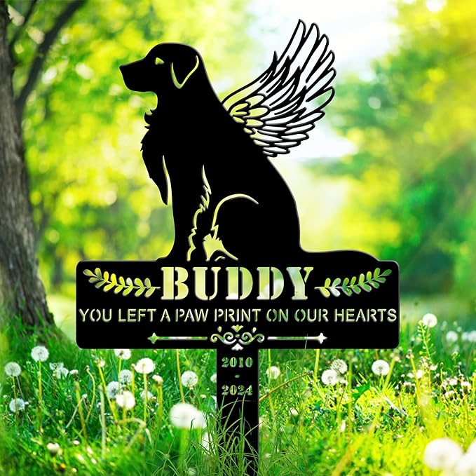 Personalized Pet Memorial Grave Marker, Custom Pet's Name Cemetery Decorations for Funerary, Metal Pet Garden Stake, Outdoor Sympathy Pet Stake Plaque Gift for Loss Dog