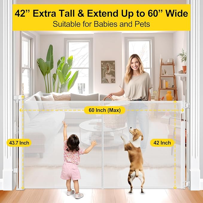 Reinforced 42” Extra Tall Retractable Dog Gate for Doorways 60” Wide Mesh Baby Gate, Tall Baby Gates for Stairs with Rods to Prevent Crawling Through Retractable Pet Gate Indoor Outdoor, White