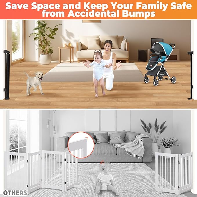 160" Retractable Baby Gates Extra Wide Dog Gate, Long Child Safety Gate, 37" Tall Toddler Pet Gate Mesh Gate with Reinforced Strips for Doorways, Stairs, Hallways, Outdoor & Indoor Large Openings