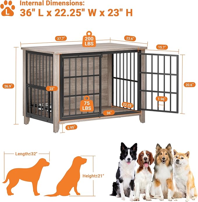 37.7" Dog Crate Furniture, Wooden Dog Kennel Indoor with 360° Rotating Feeder and 2 Adjustable Bowls, Multi-Functional Decorative Side End Table Dog Cage for Medium Dogs, Grey