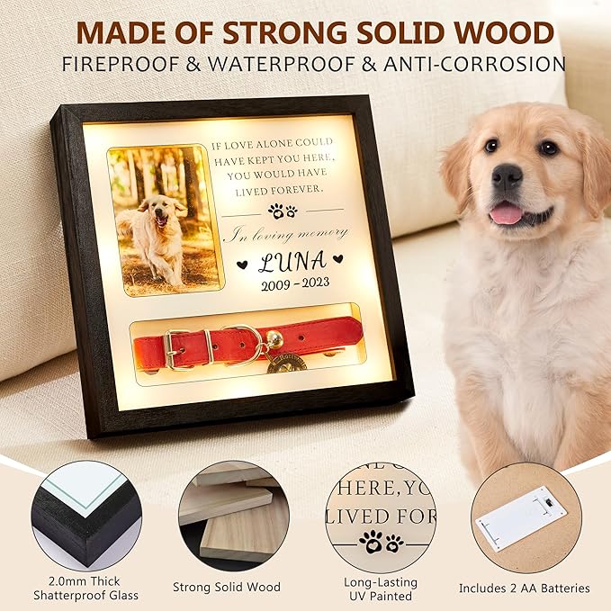 Pet Memorial Picture Frame Dog Collar Shadow Box 10"x10", Sympathy Remembrance Gift Keepsake for Loss of Dog or Cat, for Medium or Small Size Collars
