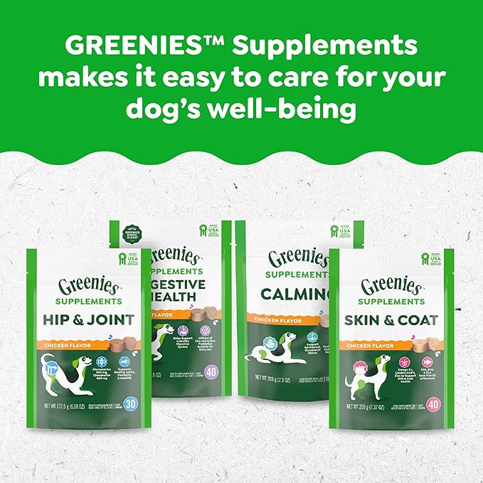 Greenies Supplements Hip and Joint Supplements for Dogs, with Chondroitin & Glucosamine for Dogs, Chicken Flavor, 16.2 oz. Container, 80 Count