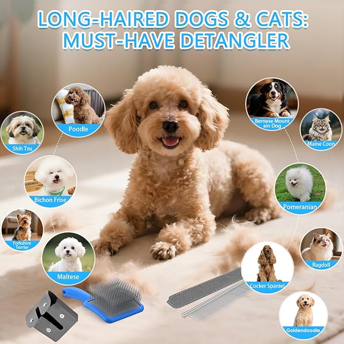 Large Slicker Brush for Dogs,Doodle Brush for Poodles, Goldendoodles, Labradoodle, Extra Long Pins for Detangling Matted Fur & Removing Tangle, Dog Grooming Kit with Wooden Handle. Blue