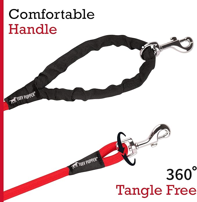 Tuff Pupper Heavy Duty 30 Foot Long Rope Leash for Dogs | Dog Recall Training Leash | High Visibility Strong Climbing Rope Leashes | Hand or Waist Worn | Stainless Steel 360° Clips for Tangle Free Use
