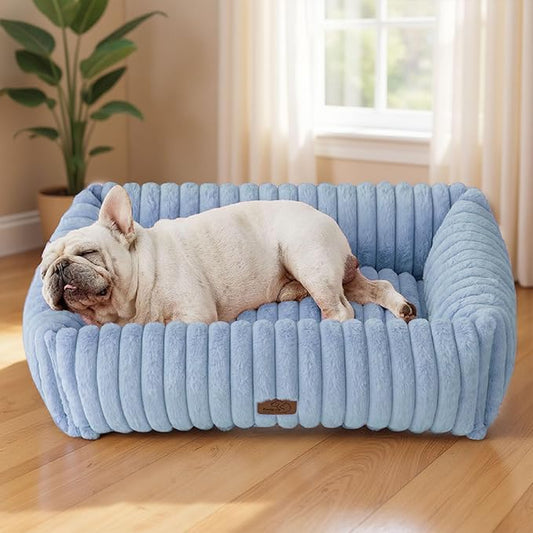 Bedsure ComfyFleece™ Washable Dog Bed for Medium Dogs - Cute Furry Puppy Beds, Rectangle Orthopedic Corduroy Fleece Pet Beds with Removable Zipper Cover, 30x24x8inches, Blue