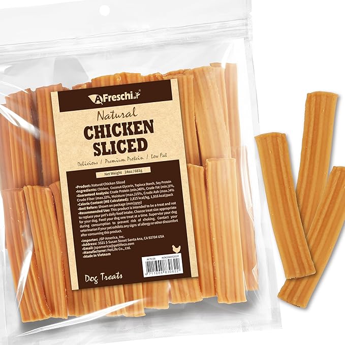 A Freschi srl Chicken Dog Treats, All Natural, Healthy & Easily Digestible, Grain-Free Puppy Chews, Low-Fat, Human Grade Training & Rewards Dog Snacks, Chicken Sliced, 24 oz Pack