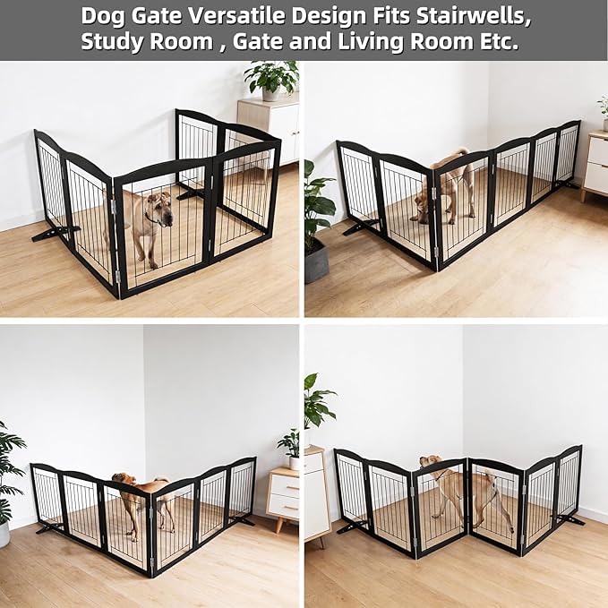 Dog Fence Indoor,Dog Gate Indoor for Doorway pet gate -6-Panel Freestanding, Hallways, House or Stairs -120x32-Inch Retractable Foldable Expandable Wood Pet by SFJC (Black) ﻿
