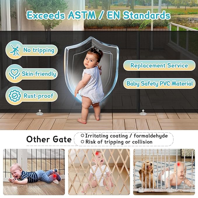 180'' Retractable Baby Gates Extra Wide,42" Extra Tall Retractable Dog Gate for Doorways,Safety Upgrade 15 Foot Extra Long Retractable Baby Gate for Stairs, Black Indoor/Outdoor Retractable Gate