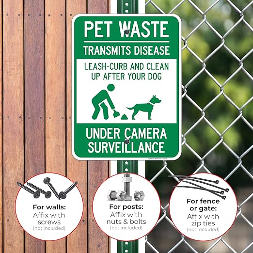 Pet Waste Leash-Curb and Clean Up After Your Dog Under Camera Surveillance Sign, (SI-63188) 18x24 Inches, Rust Free .063 Aluminum, Fade Resistant, Made in USA