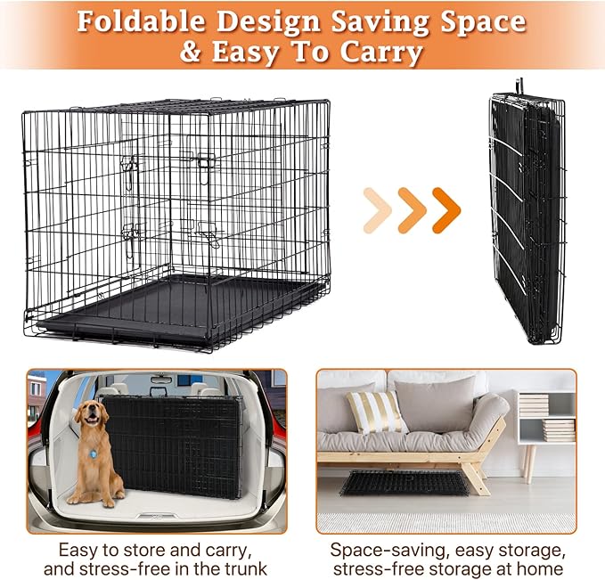 48 Inch Large Dog Crate Dog Kennel Cage Metal Wire Crates Pet Cages Double-Door Foldable Kennels with Handle and Plastic Tray Indoor&Outdoor,Black XXL