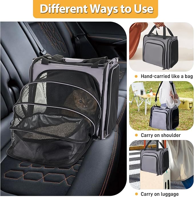 Cat Carrier with Litter Box for Large Cats, Expandable Cat Carrier for Car Travel Long Distance, Dog Carrier for Pets up to 20 lbs, Gray