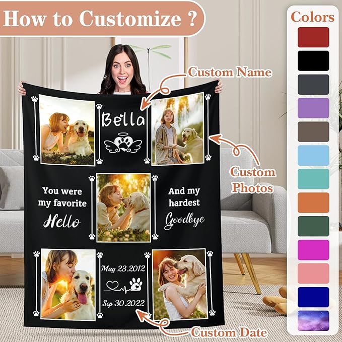Pet Memorial Blanket Gift - Personalized Dog Memorial Blanket with Photo Name, Pet Sympathy Gifts for Dogs Lovers, Custom Loss of Dog Grief Blankets, Pets Remembrance Bereavement Gifts (5 Photos)