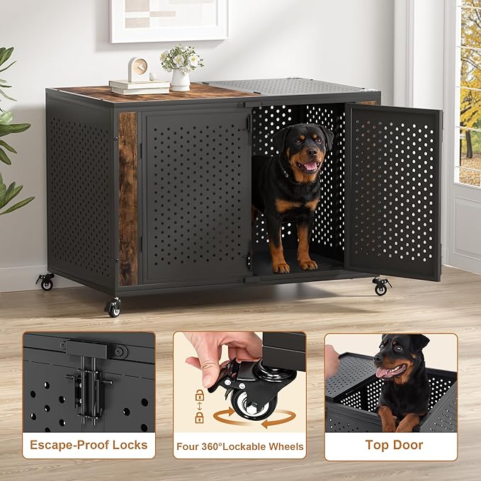 48" Heavy Duty Dog Crate Furniture for Extra Large Dogs, Enclosed Design with 0.5 inch Holes, Indestructible Metal Kennel for High Anxiety Dogs, Chew Proof Pet Cage House Indoor, Brown