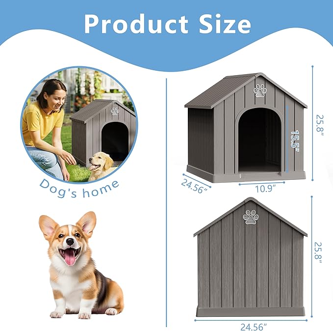 DRATO Indoor & Outdoor Dog Houses, Resin Material Pet Shelter with Waterproof Feature and Ventilated Design,Gray