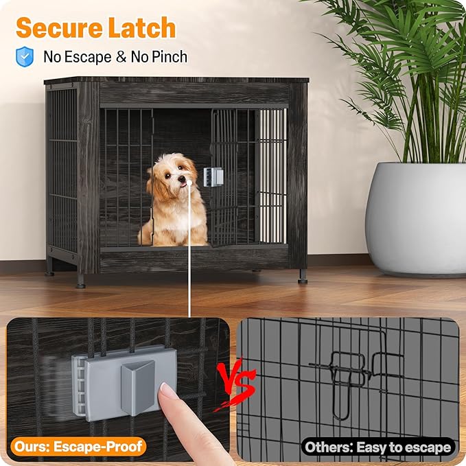 Furniture Style Dog Crate, 27" Wooden Dog Kennel End Table with Solid Top, Indoor Pet Crate House with Secure Slide Lock, Modern Dog Cage Furniture for Small & Medium Dogs, Rustic Brown