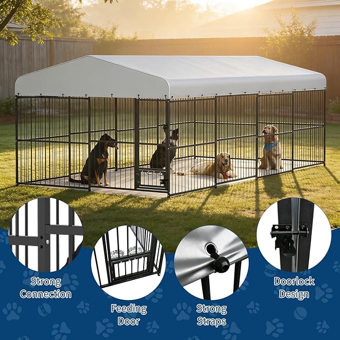 Garvee Dog Kennel Outdoor with Waterproof Canopy, Large Dog House with Feeding Doors, Large Dog Kennel Outdoor for Garden Backyard Courtyard（10×20×7FT）
