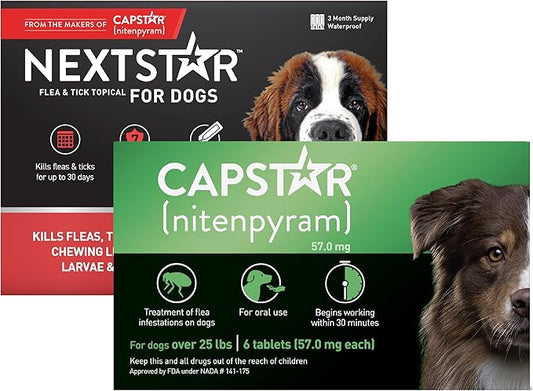 CAPSTAR Flea Treatment for Dogs Over 25 lbs (6 Doses) + NEXTSTAR Flea and Tick Prevention for X-Large Dogs 89-132 lbs (3 Doses) Bundle
