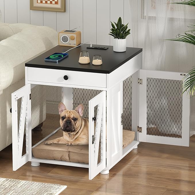 VOWNER Dog Crate Furniture, Wooden Dog Kennel End Table with USB Charging Station, Storage Drawer, Double Latched Door, Furniture-Style Crate Side Table for Small Dogs Under 25 lbs Indoor Use, White