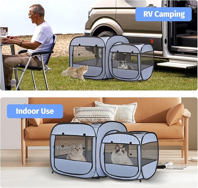 EighteenTek® 2-in-1 Portable Cat Playpen(Front Doors), Pop up Kitten Playpen, Assembly-Free, Pet Tent Crates Kennel Cage Enclosure for Dog Puppy Indoor Outdoor(No Divider, Unified Space)