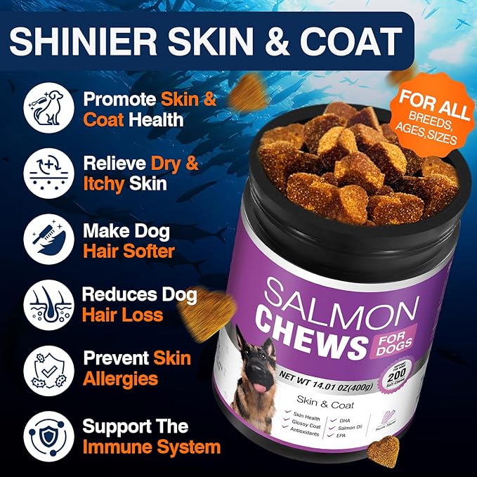 Omega 3 Skin and Coat Supplement for Dogs 200 Chews Dog Fish Oil Supplements with EPA & DHA Fatty Acids Dry Skin Relief for Dogs Shedding Allergy Itching Promotes Heart Hip Joint Health Bacon Flavor
