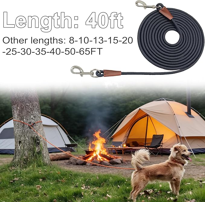 Tie Out Rope Dog Leash, Long Tether 8-10-13-15-20-25-30-35-40-50-65 FT Nylon Check Cord for Medium Large Dogs Indoor/Outdoor Playing Camping Backyard (Black, 3/8" x 40ft)