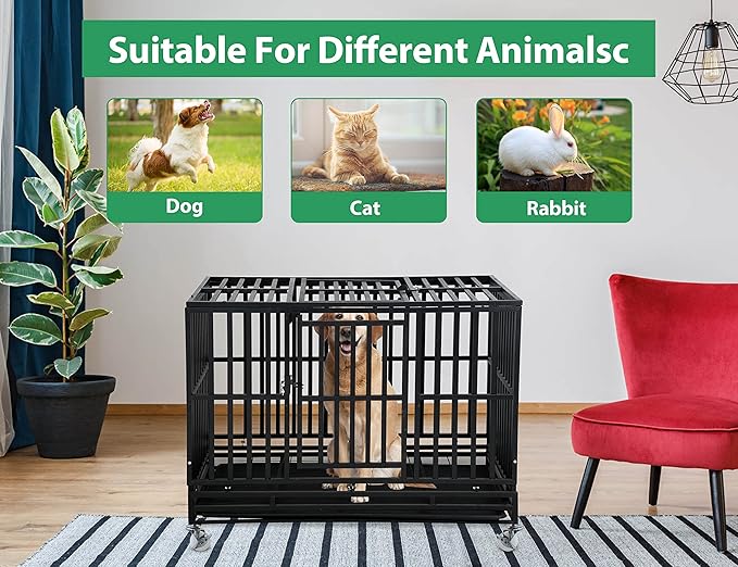 48'' Heavy Duty Dog Crate for Medium and Large Dogs Thickened Metal Dog Cage with Wheels, Double Doors & Locks Design Escape Proof, Indoor Large Dog Crate Heavy Duty Stackable Dog Kennel with Tray