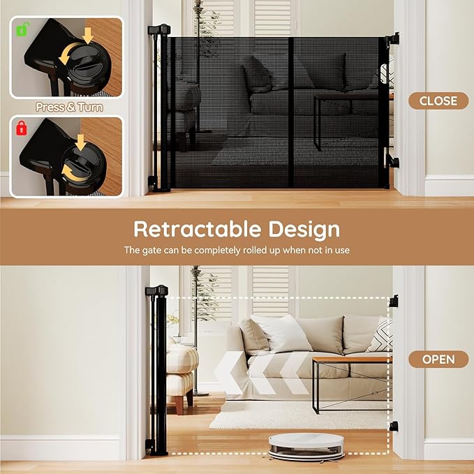 One-Hand Operation Retractable Baby Gates, 120 inch Retractable Gate with Reinforced Strip Design to Prevent Crawling Through, 10 FT Extra Wide Retractable Dog Gate for Indoor/Outdoor