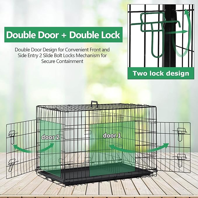 36'' Foldable Metal Wire Dog Crate Double Door, Folding Portable Dog Cage Double Lock, Collapsible Intermediate Dog Crate w/Leak-Proof Pan/Divider/Handle, Dog Kennel for Intermediate Dogs Indoor