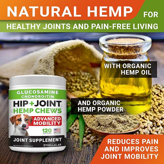 STRELLALAB Hemp Chews for Dogs - Hip & Joint Supplement with Glucosamine - Joint Pain Relief Treats - Omega 3, Chondroitin, MSM - Advanced Mobility Support - Chicken Flavor - 120 Ct - Made in USA