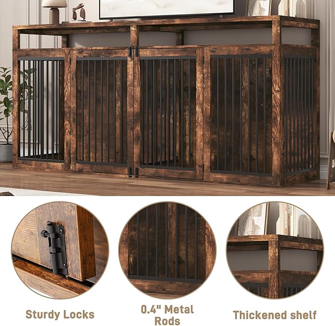 87In Extra Large Dog Crate Furniture for 2 Dogs, Farmhouse Dog Kennel Furniture, Dog Crate TV Stand with Solid Metal Tube & 4 Lockable Doors, Heavy-Duty Double Cage Dog, Rustic Brown