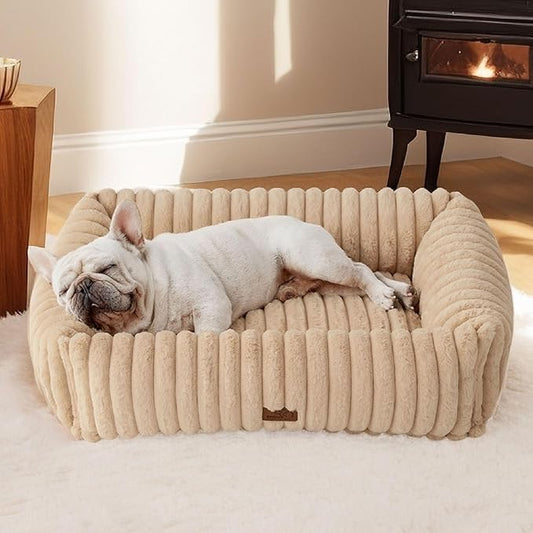 Bedsure ComfyFleece™ Washable Dog Bed for Medium Dogs - Cute Furry Puppy Beds, Rectangle Orthopedic Corduroy Fleece Pet Beds with Removable Zipper Cover, 30x24x8inches, Sandy Beige