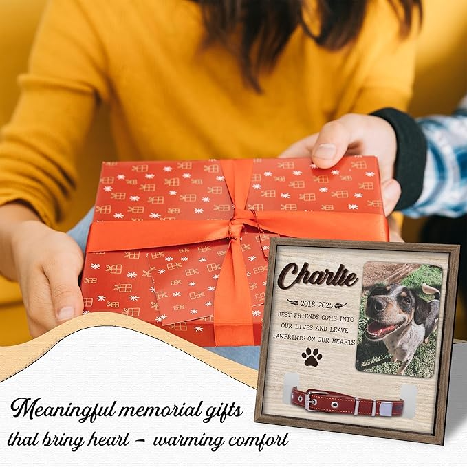 Dog Memorial Frame with Collar Holder – Best Friends Leave Pawprints on Our Hearts Quote – Personalized Pet Memorial Picture Frame with Name – Dog Loss Gift with White Wood Background