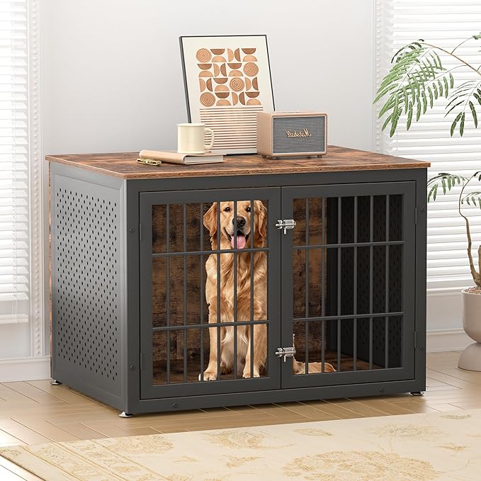 42" Heavy Duty Dog Crate Furniture for Large and Medium Dogs, Enclosed Design Wooden Metal Kennel, Wooden Cage Furniture Indoor, Decorative Dog Kennel End Table