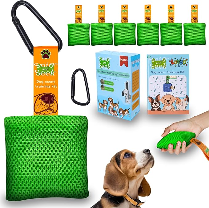Dog Scent Training Kit – Fun Nosework Brain Games for Dogs – Encourage Calmness, Build Bond, All Ages & Breeds – 6 Scent Pouches with Fennel & Rosemary, Snap Hooks & Step-by-Step Training Guide